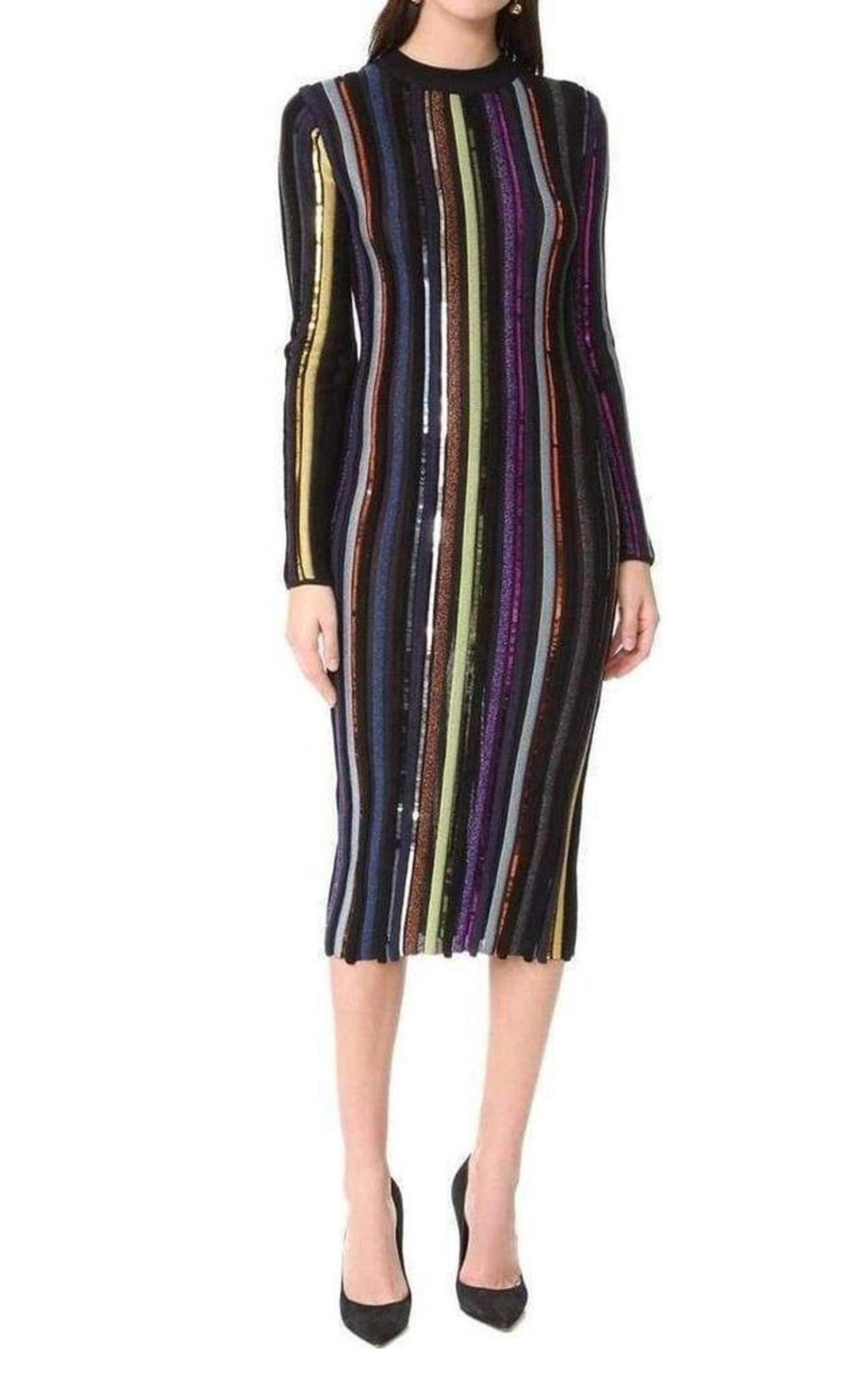 Long Sleeve Sequin Embellished Knit Bayadere Dress - 2