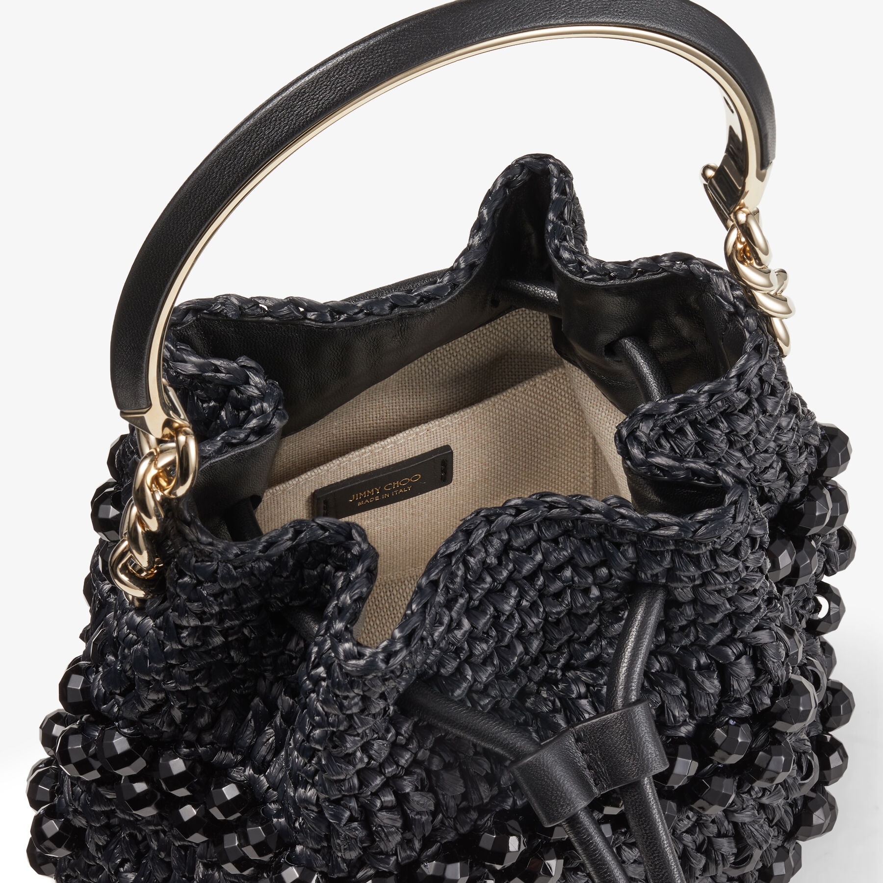 JIMMY CHOO Bon Bon Bucket S Black Beaded Raffia and Smooth Leather 