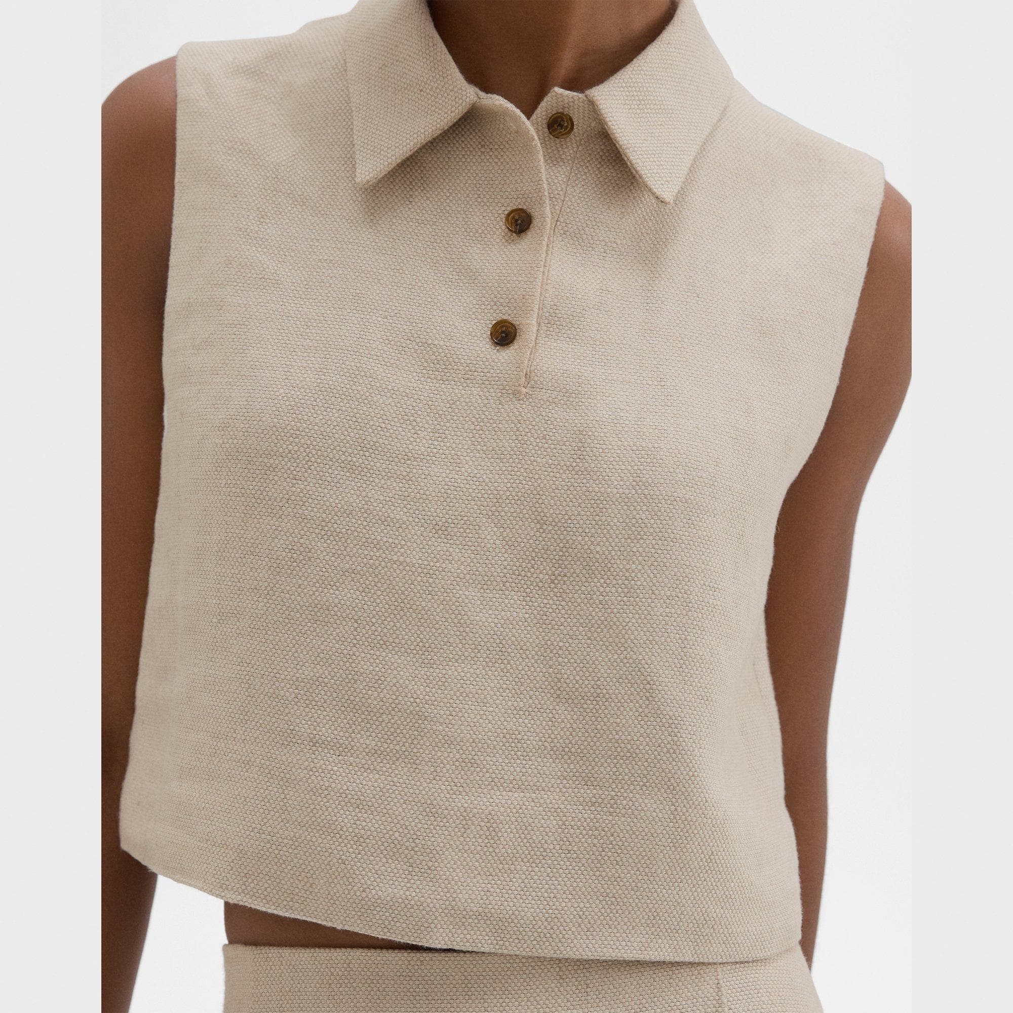 Sleeveless Polo in Basket Weave Linen - 5