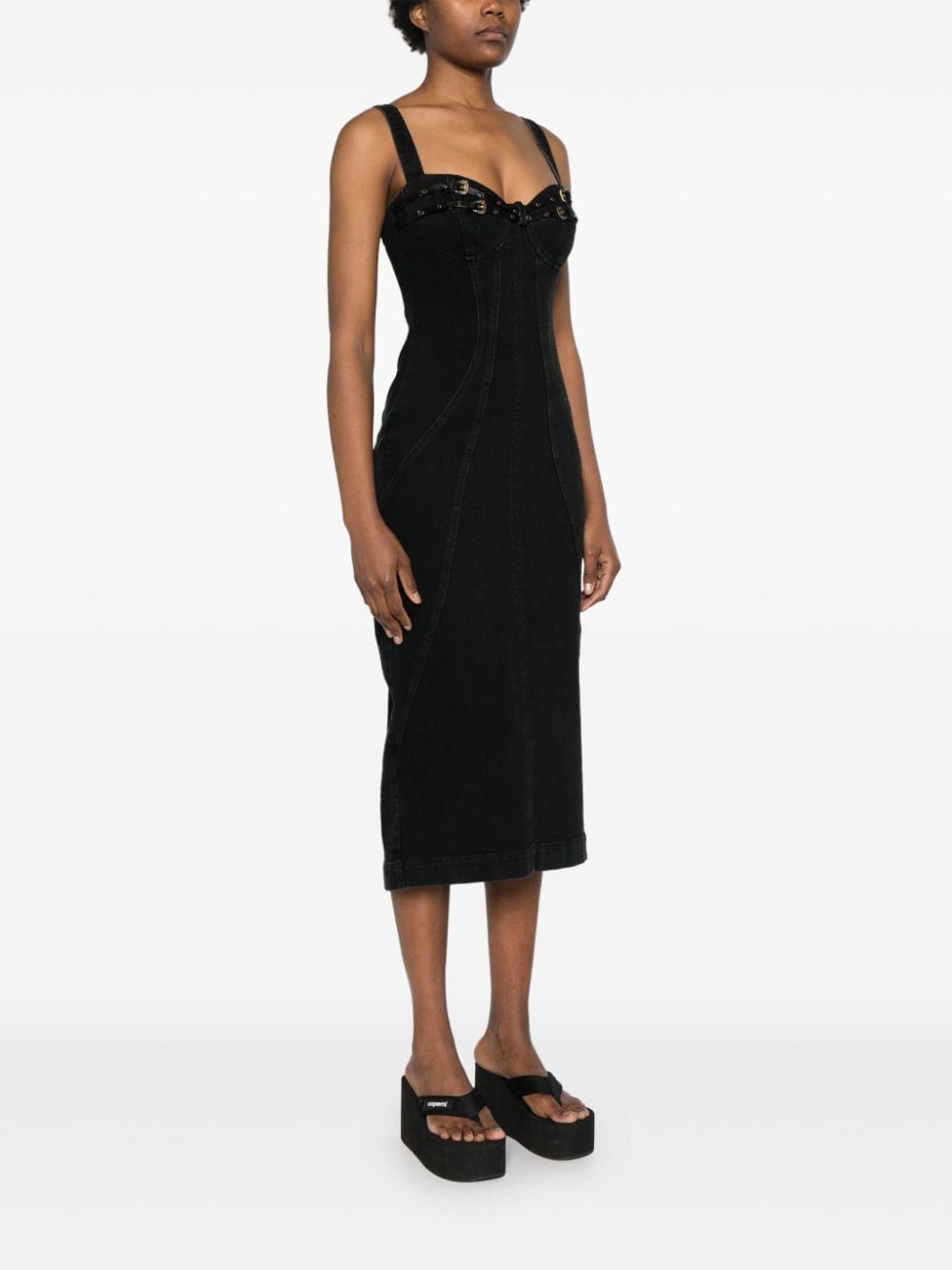 bucked-belts denim midi dress - 3