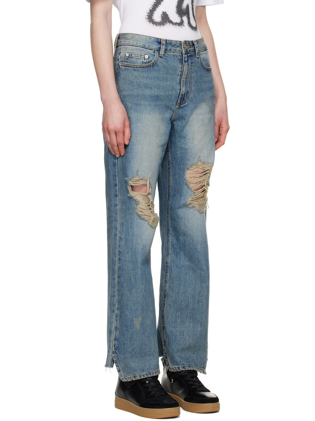 Blue Distressed Loose Straight Jeans - 2