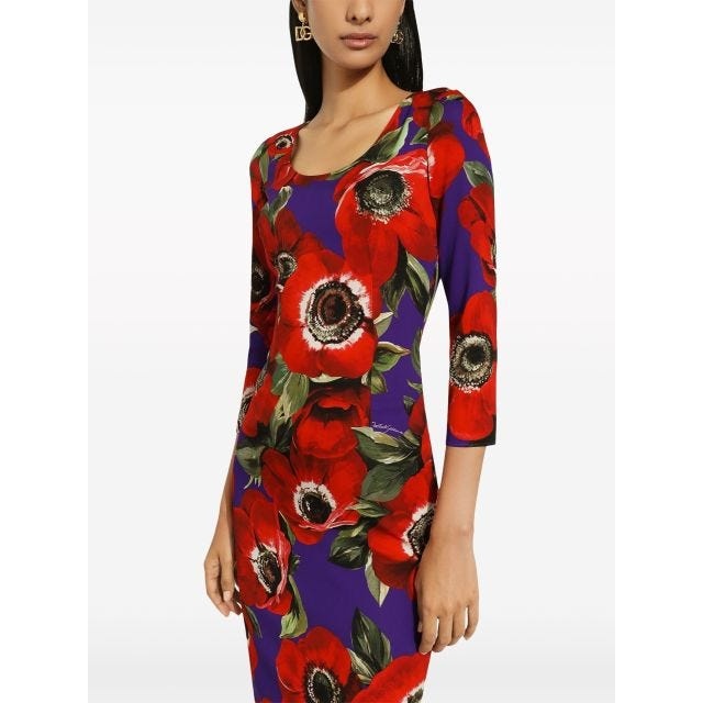 Poppy-print round-neck midi dress - 5