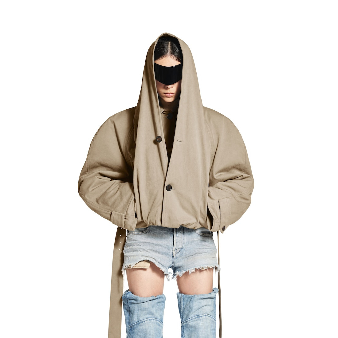 Women's Flipped Hooded Trench in Dark Beige - 5