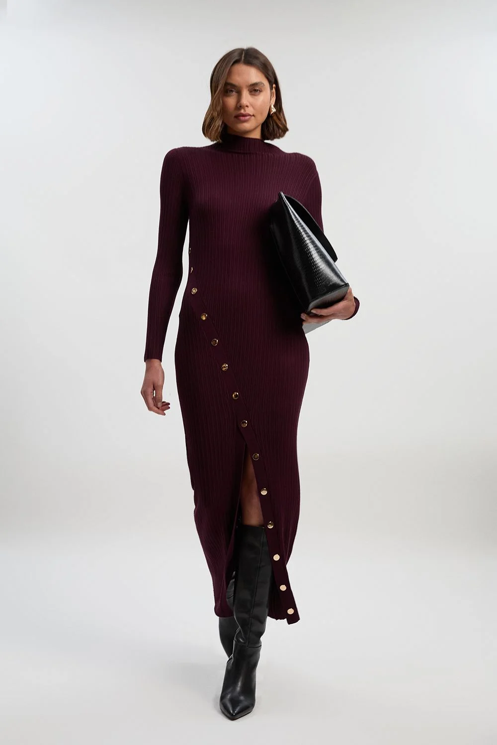Viscose Blend Popper Detail Split Knit Midi Dress - 1