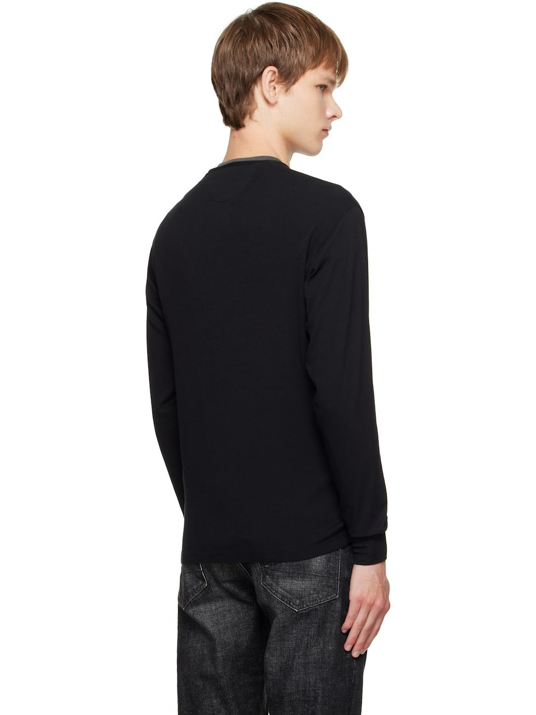 Black Cotton Stretch Rib Henley - 3