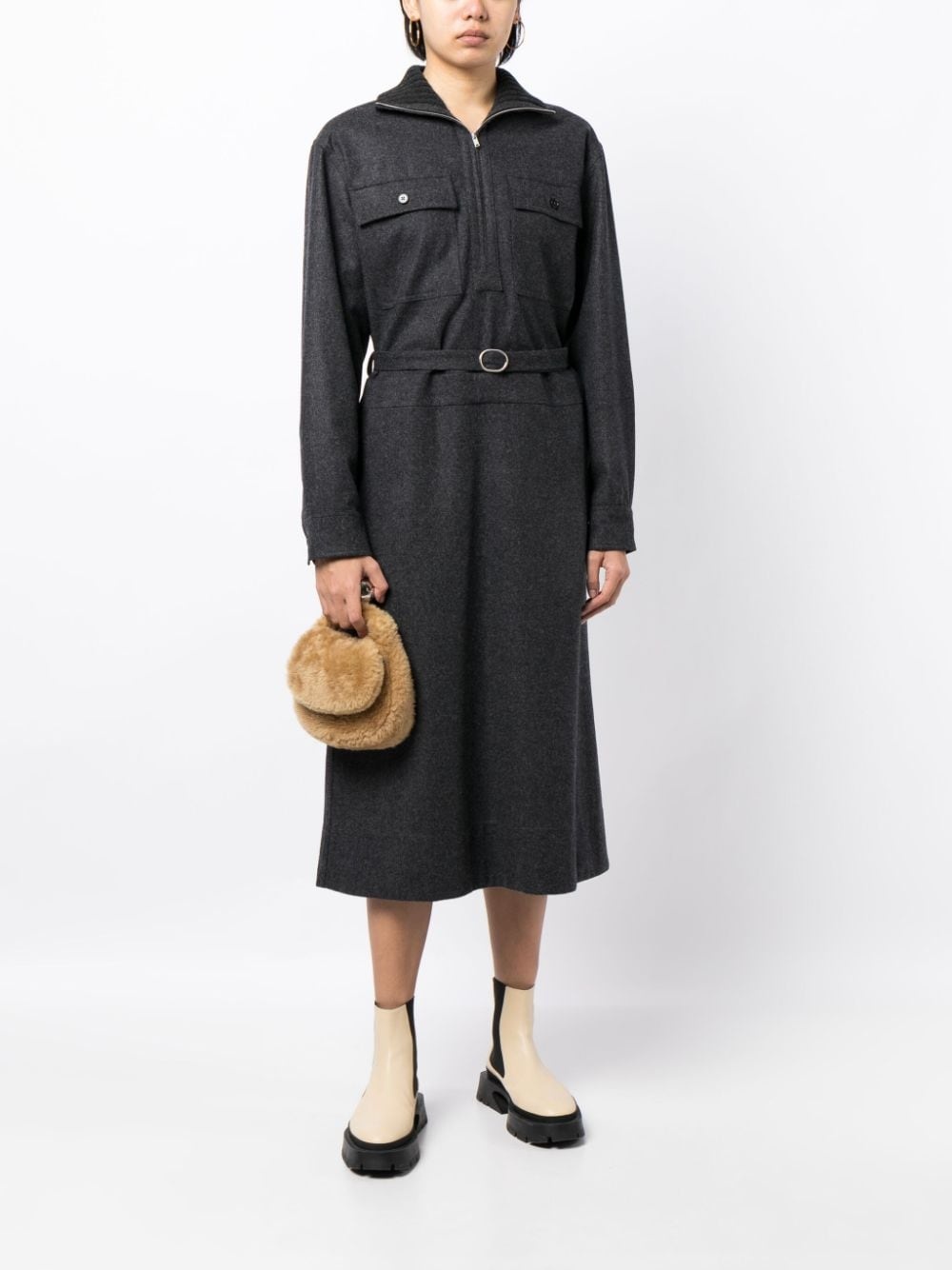 long-sleeve belted midi shirtdress - 2