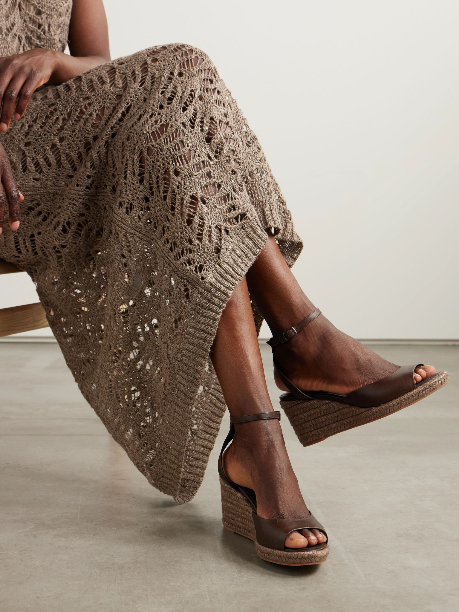 Bead-embellished leather wedge espadrilles Dark brown - 2