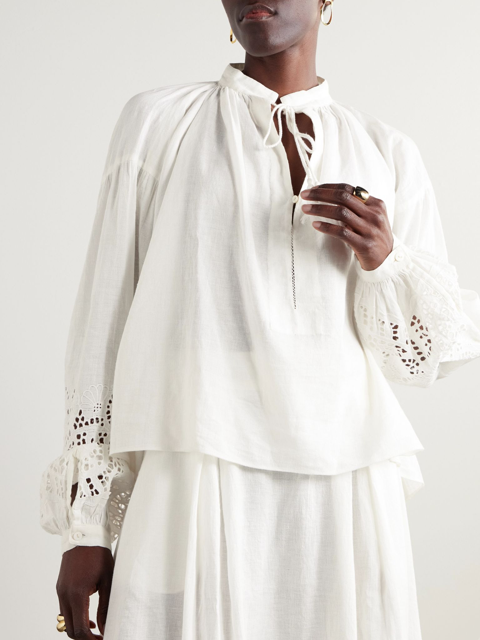 Gathered broderie anglaise linen and cotton-blend blouse Off-white - 3