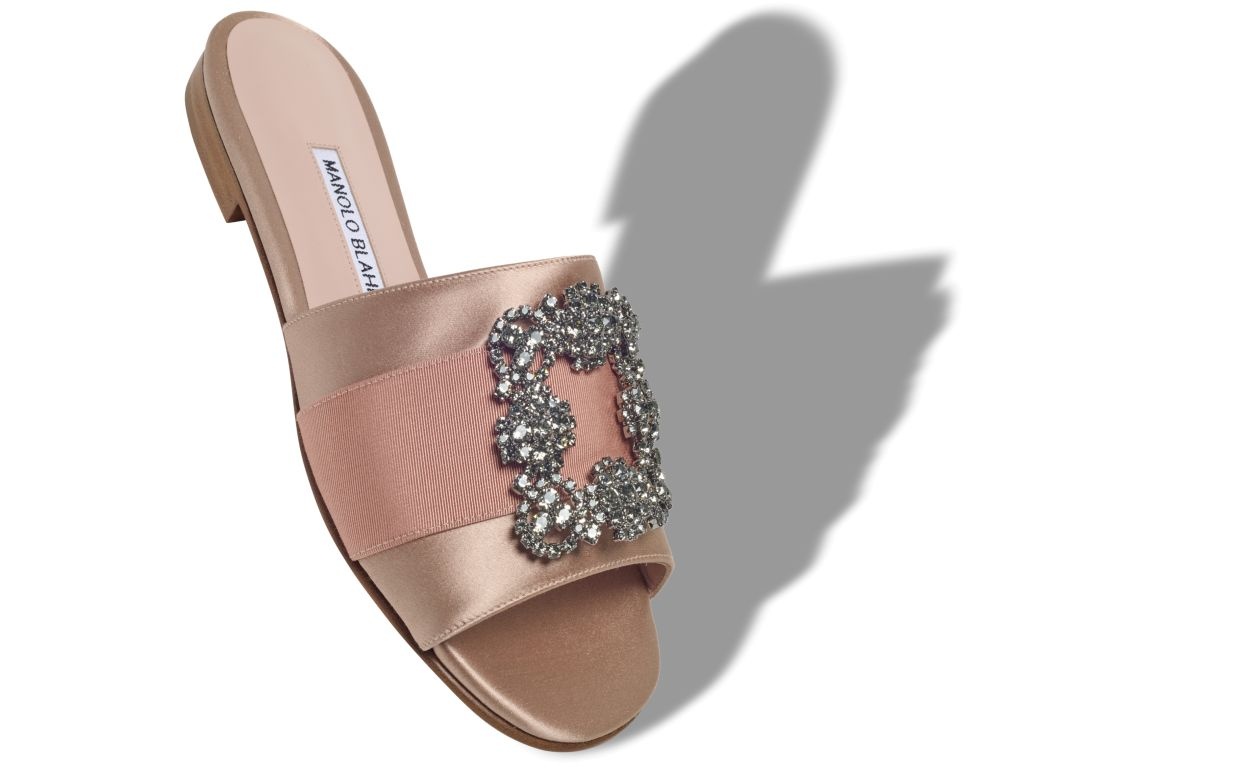 Beige Satin Jewel Buckled Flat Sandals - 2