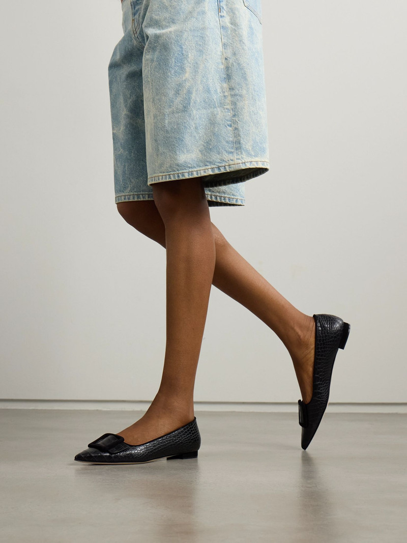 Manolo Blahnik Maysale 10 buckled suede-trimmed croc-effect leather point-toe flats Black outlook