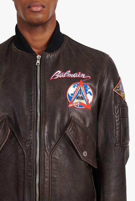Brown leather teddy jacket with Balmain badges - 10
