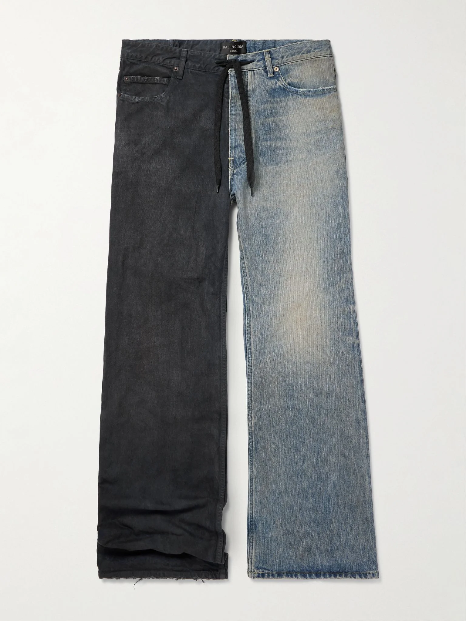 Fifty-Fifty Wide-Leg Two-Tone Distressed Drawstring Jeans Blue - 1