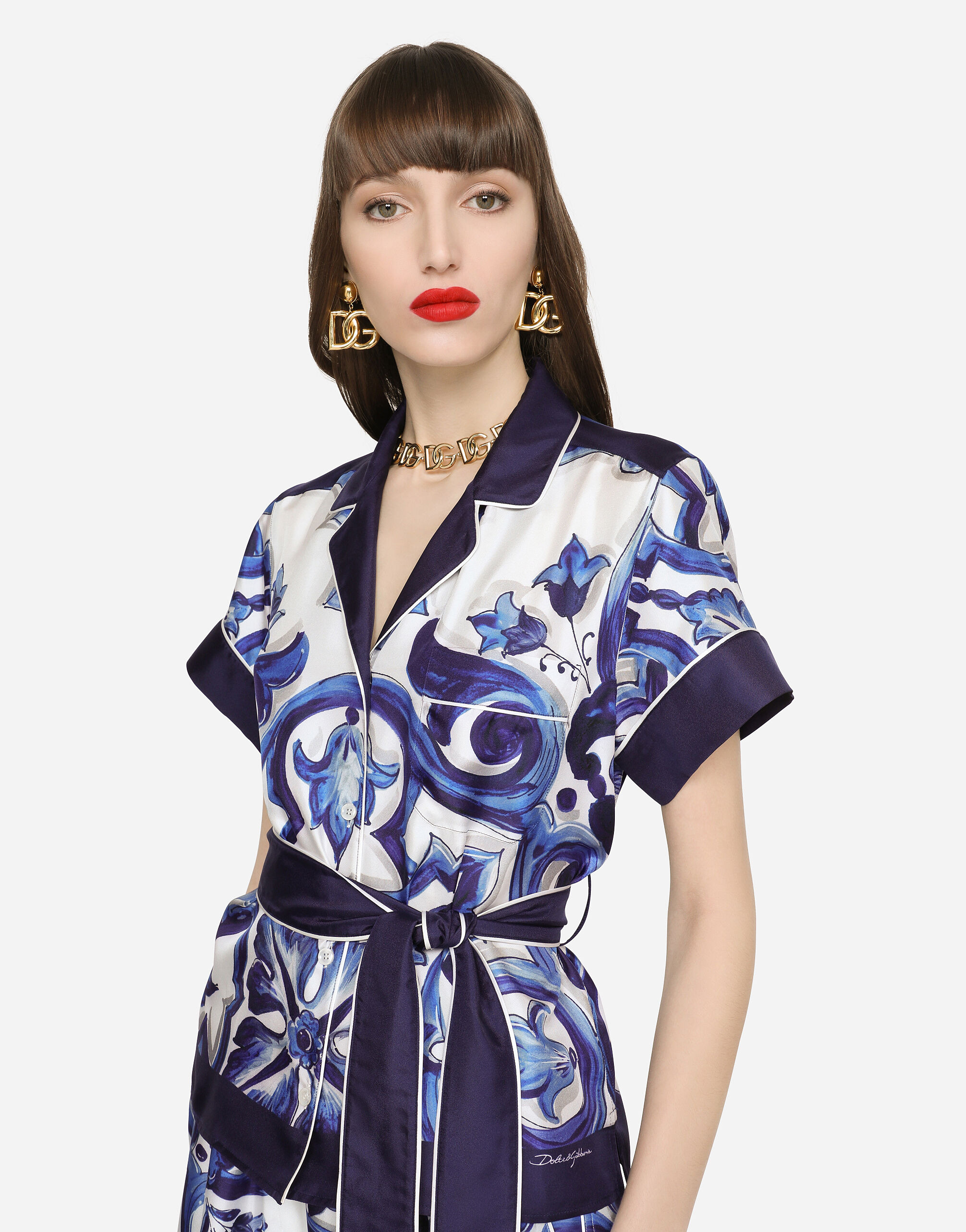 Majolica-print twill shirt with belt - 4