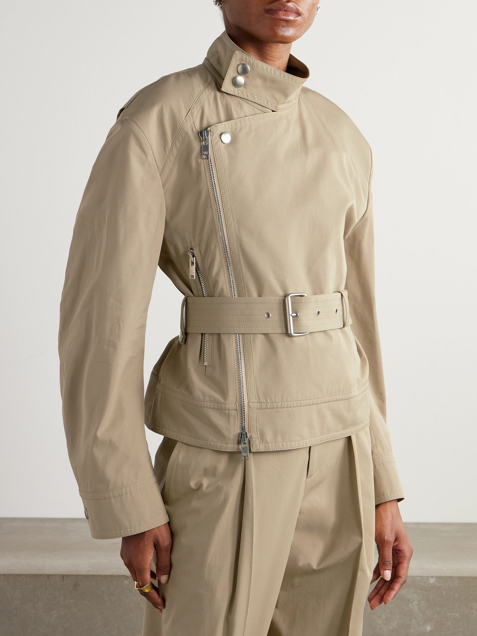 Belted asymmetric cotton-blend jacket Beige - 3