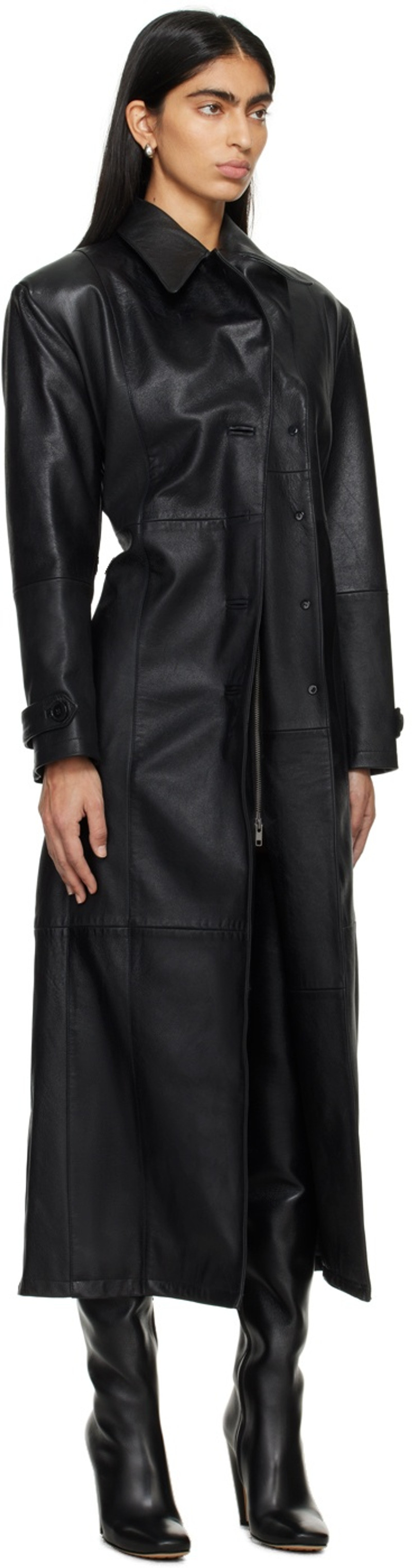 MARIE ADAM-LEENAERDT Black Gathered Leather Coat outlook