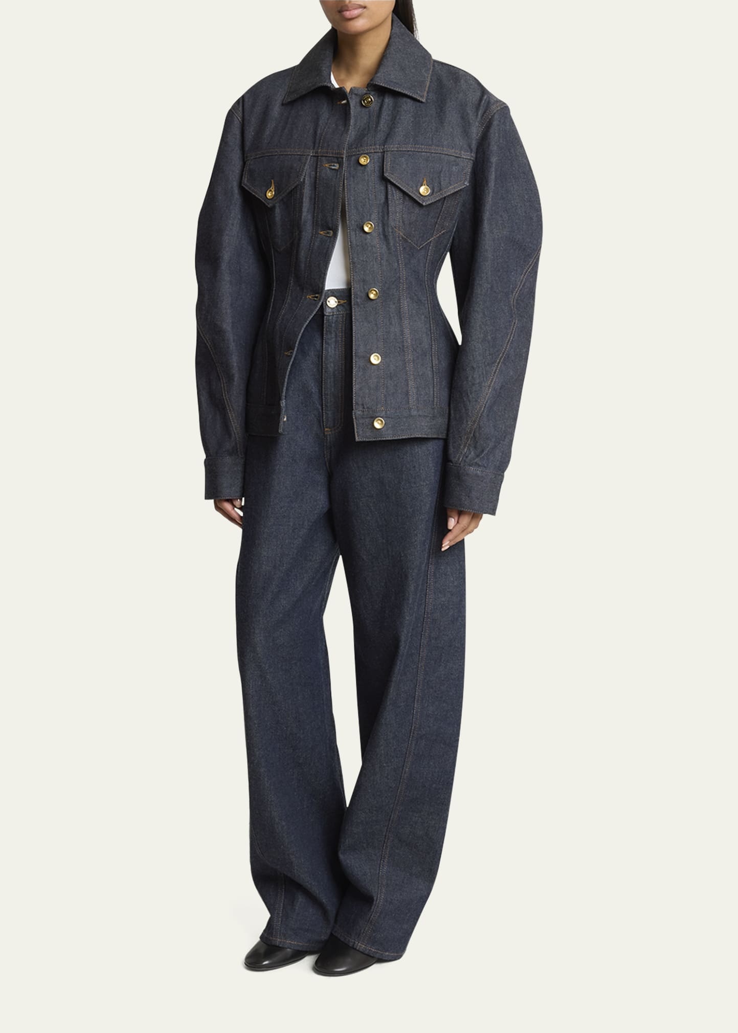 Cocoon-Sleeve Waisted Denim Jacket - 2