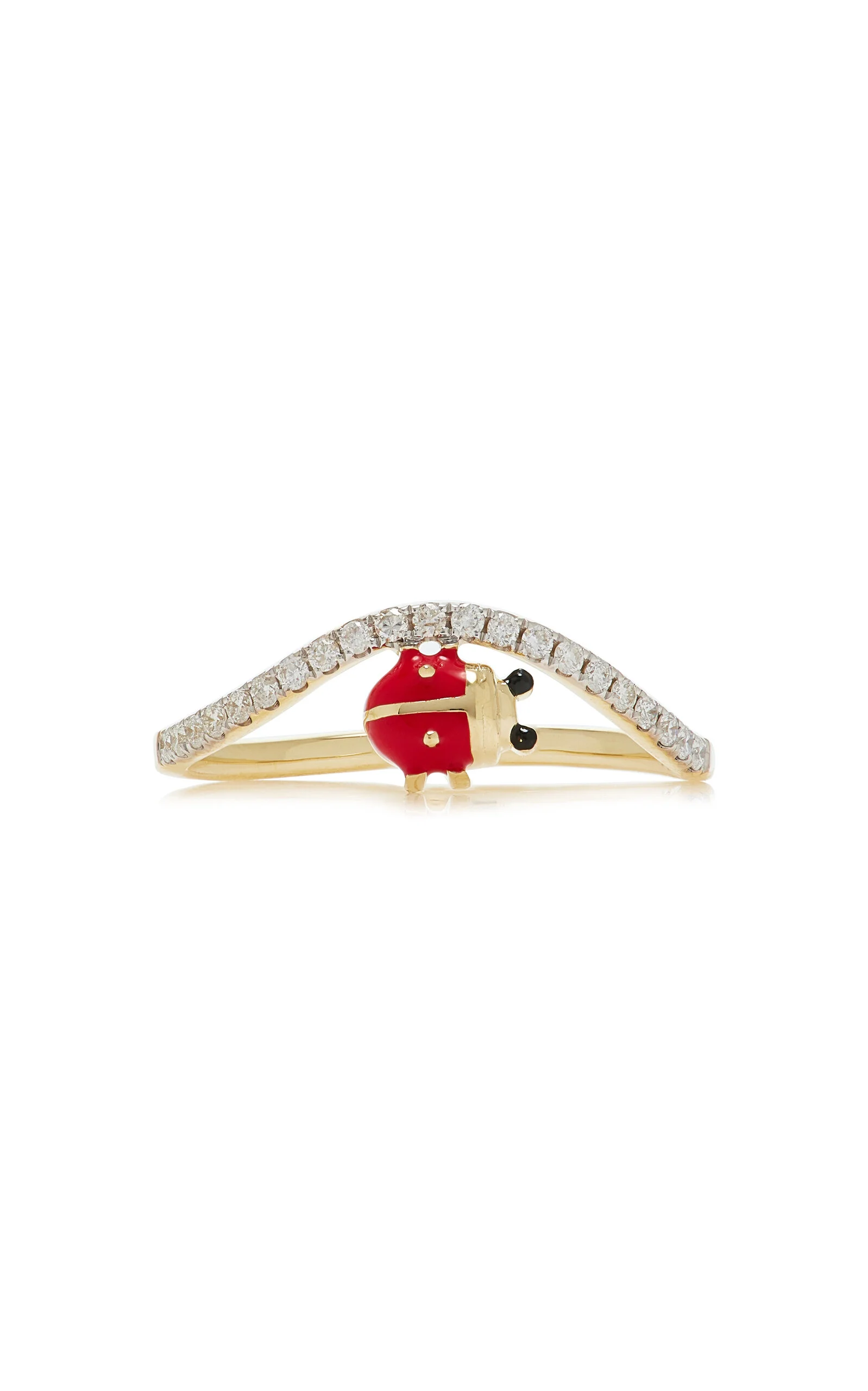 Mini Ladybug 9K Yellow Gold Diamond Wave Ring - 1