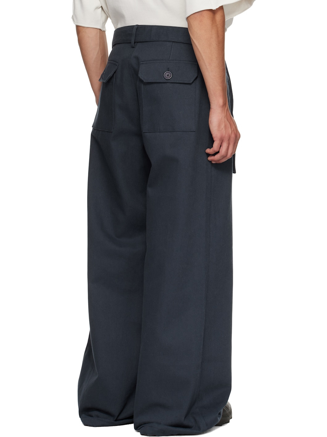 Navy Cotton Twill Patch Pocket Belted Trousers - 3