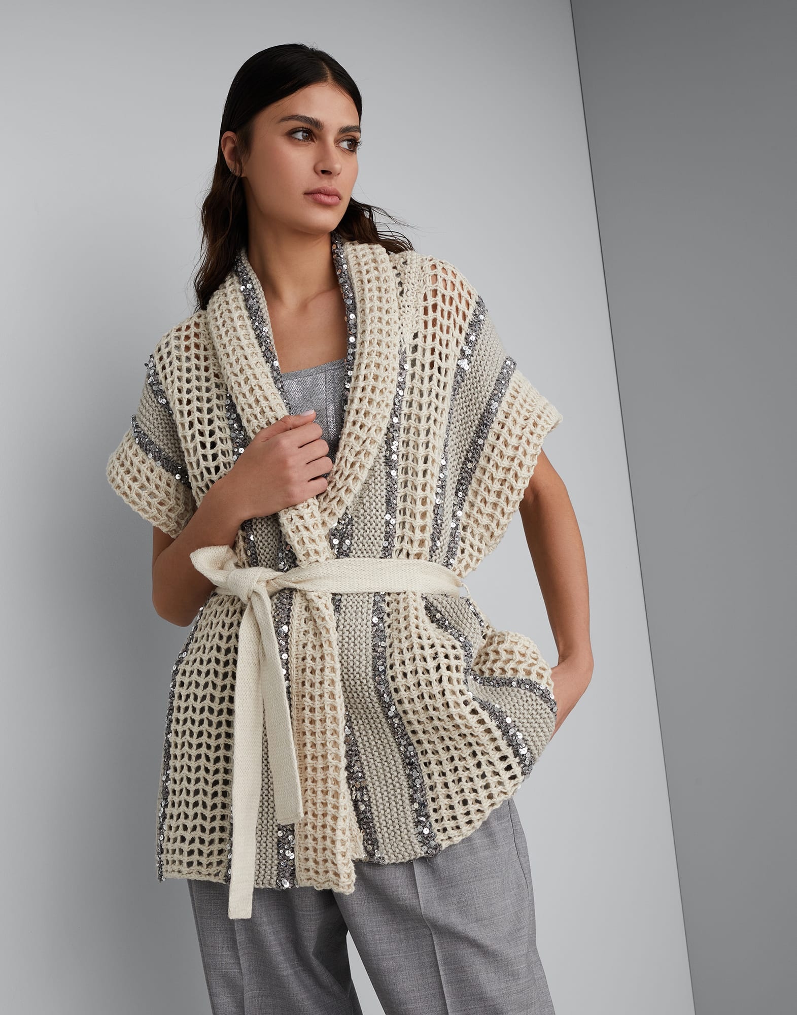 Dazzling stripe net knit cardigan in jute, linen, cotton and silk with belt - 1