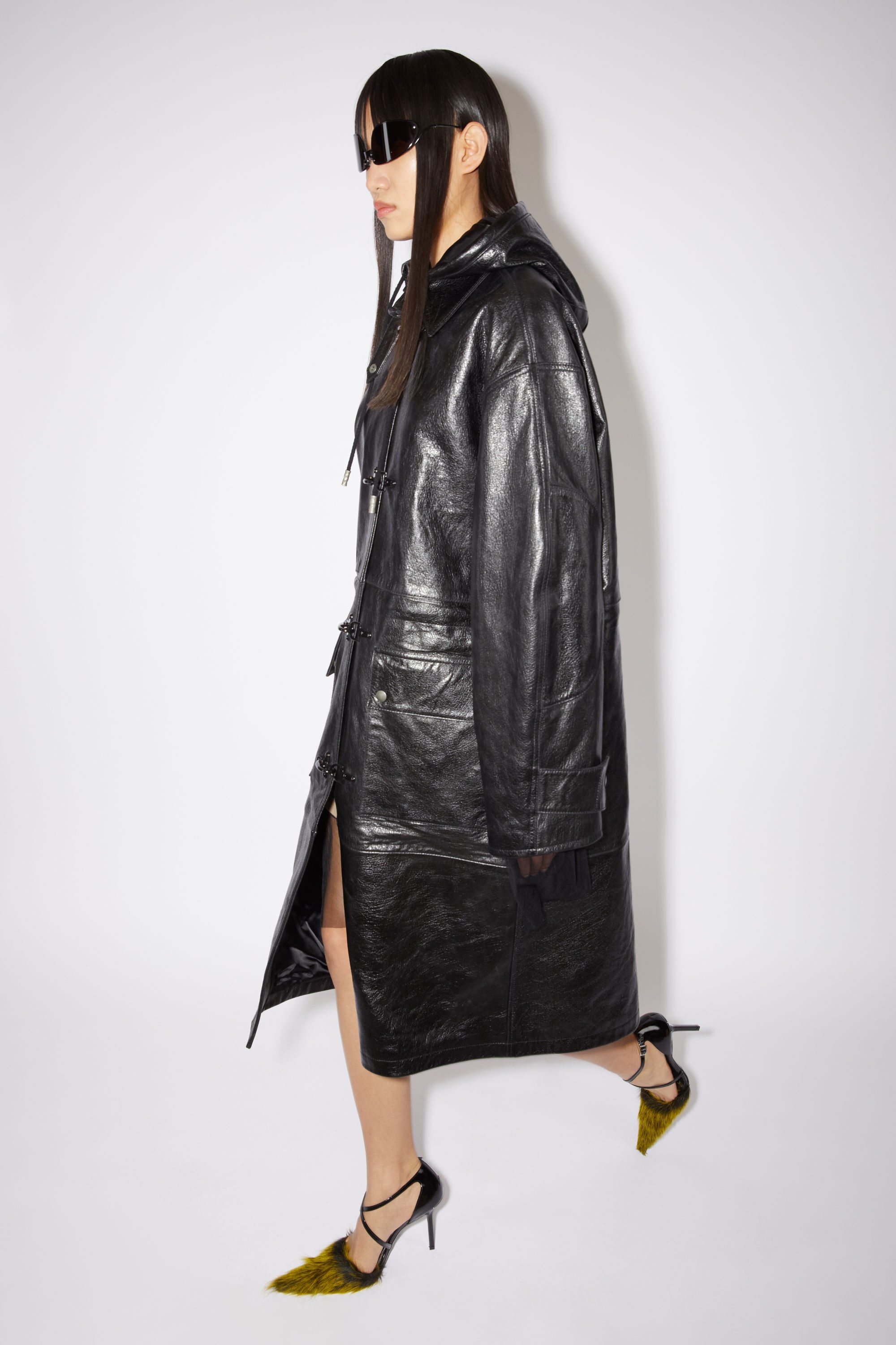 Leather hooded coat - Black - 4