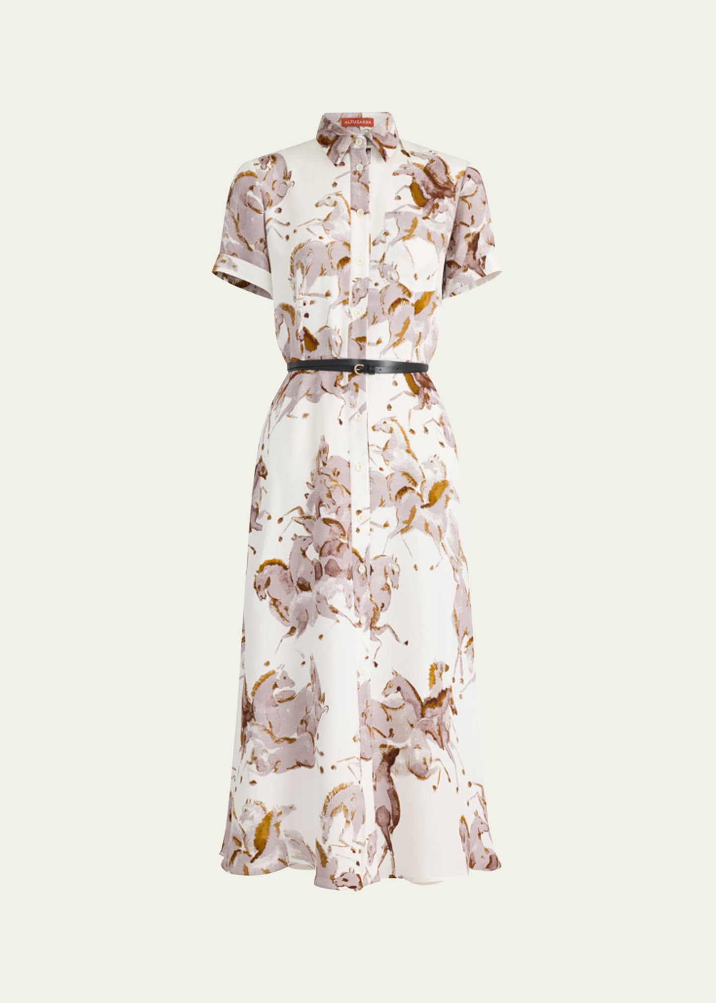 Kiera Horse-Print Silk Short-Sleeve Midi Shirtdress - 1