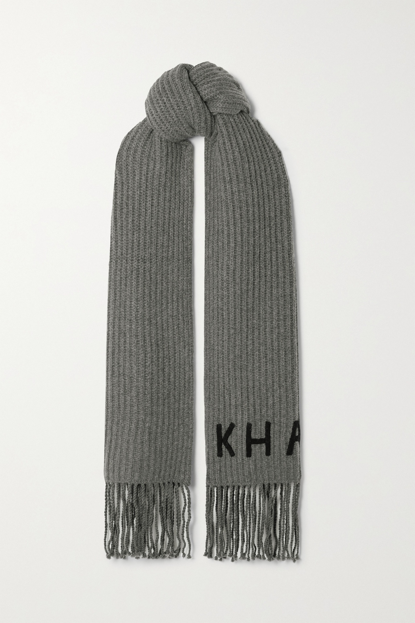 Fringed logo-embroidered ribbed cashmere scarf - 1