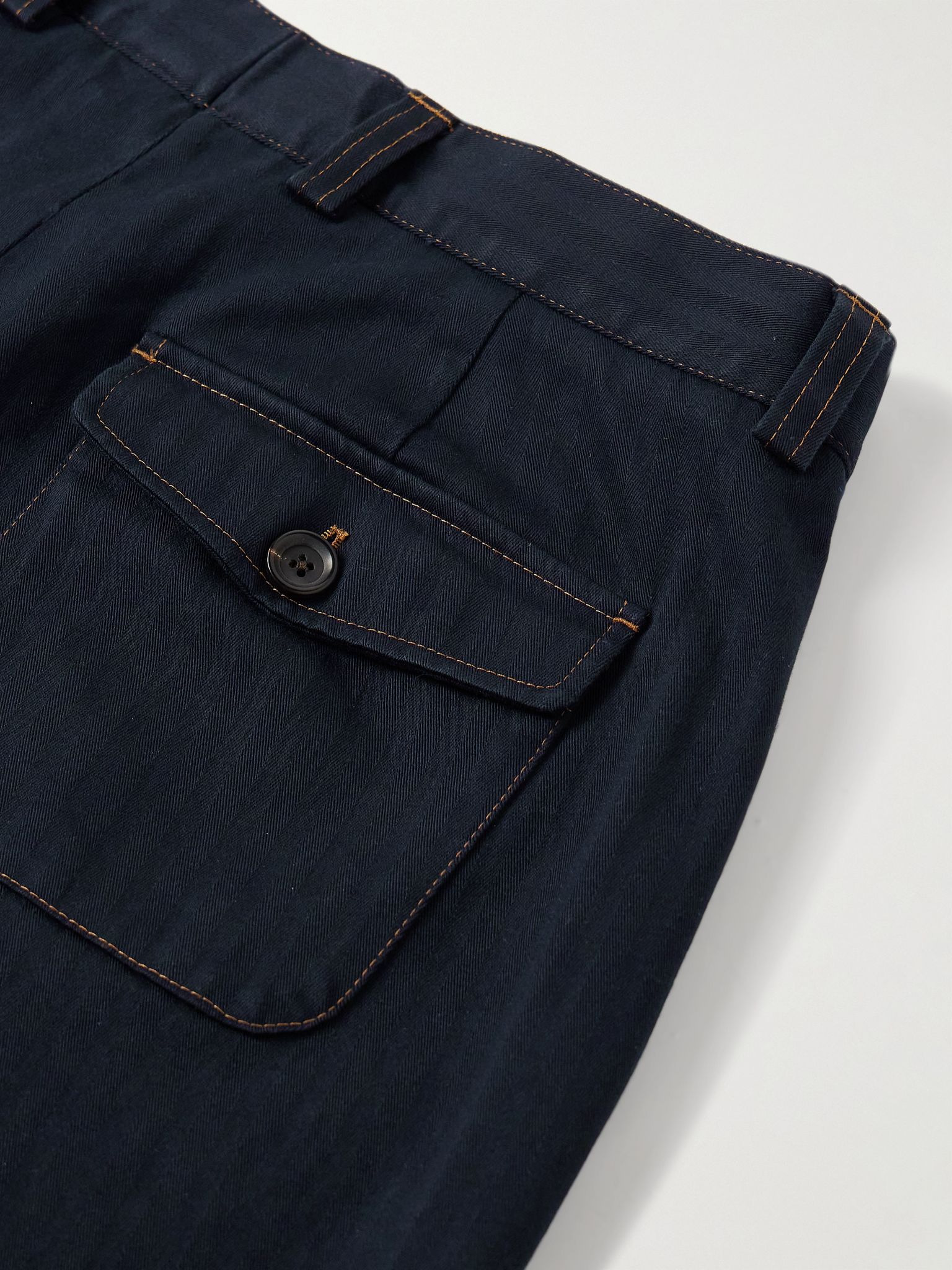 Orsman Straight-Leg Pleated Herringbone Cotton-Blend Trousers Navy - 5