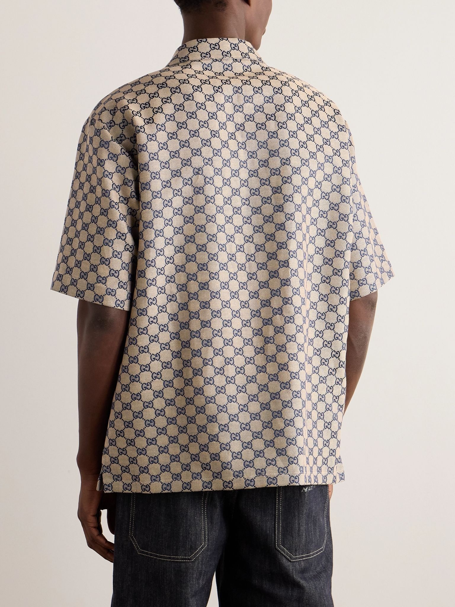 Camp-Collar Logo-Jacquard Linen-Blend Shirt Brown - 3