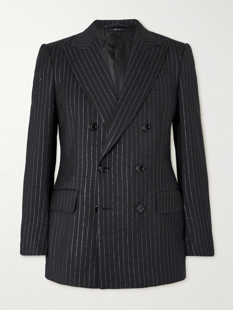 Dyllan Double-Breasted Striped Metallic Wool and Silk-Blend Suit Jacket Black 1