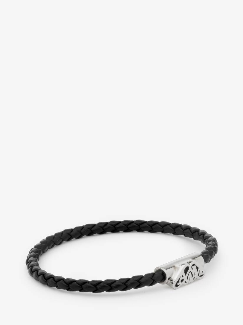 Men's Seal Logo Leather Bracelet in Black/antique Silver - 2