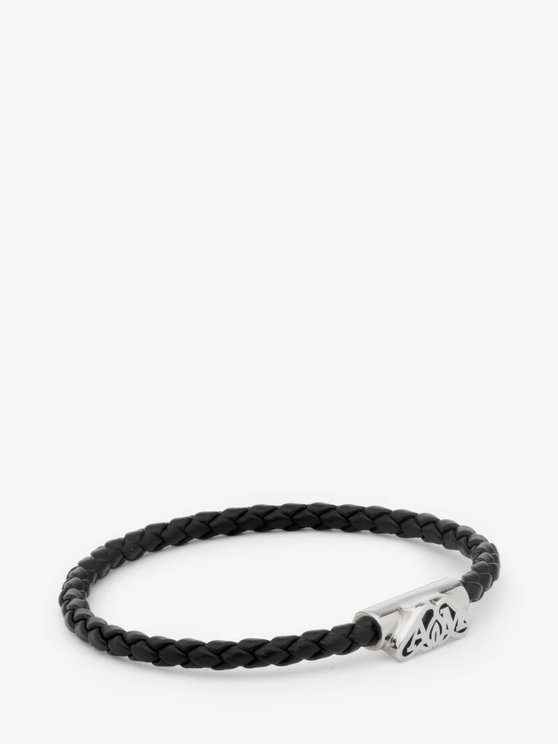 Alexander McQueen Men's Seal Logo Leather Bracelet in Black/antique Silver outlook