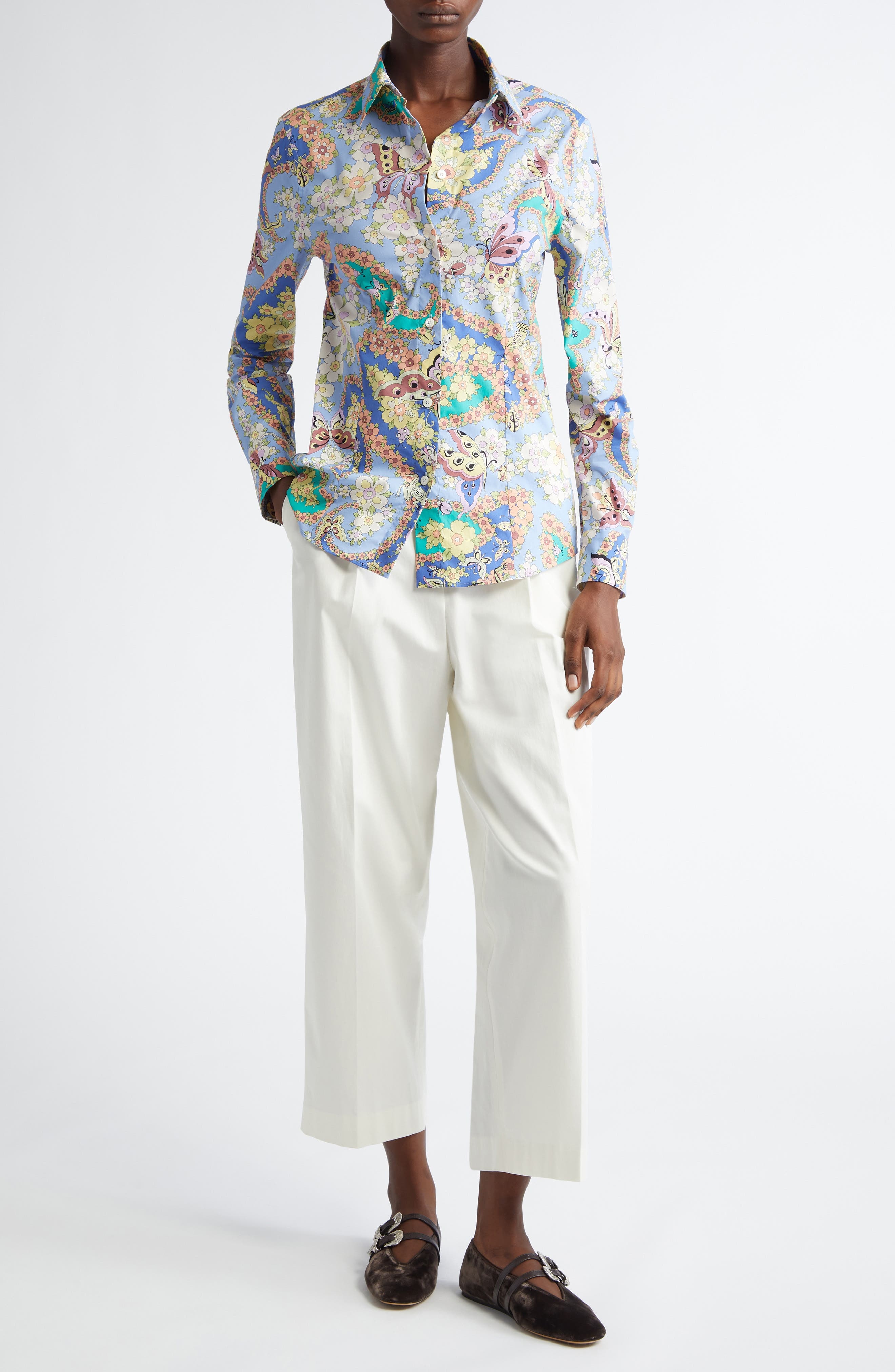 Etro Floral Paisley Stretch Poplin Button-Up Shirt in Stampa Blue at Nordstrom - 7