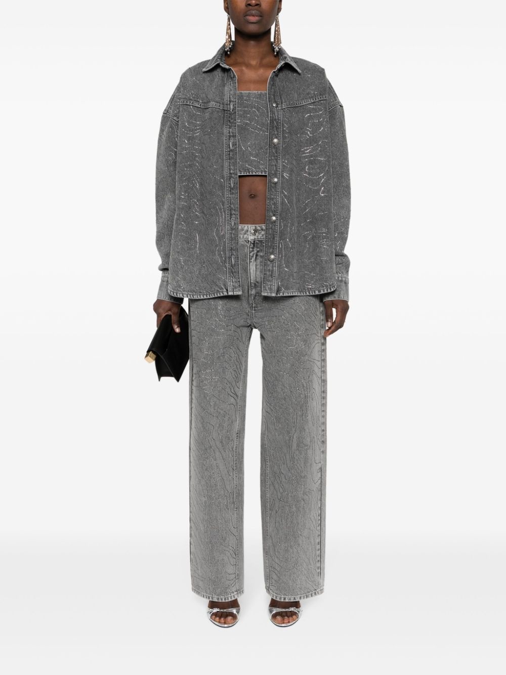 ROTATE RHINESTONE DENIM OVERSIZE SHIRT GREY - 2