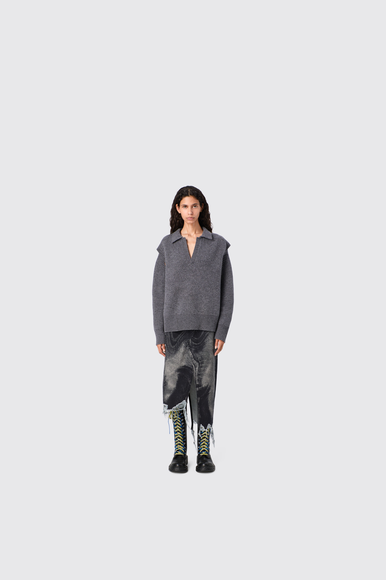 Black-gray asymmetric denim skirt - 2