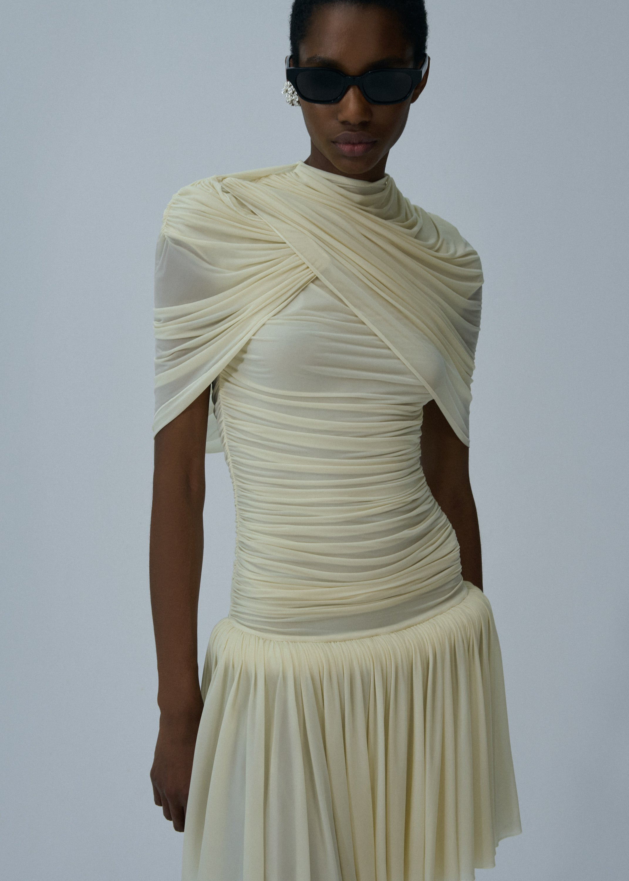 Drop-waist wrap mini dress in beige - 3