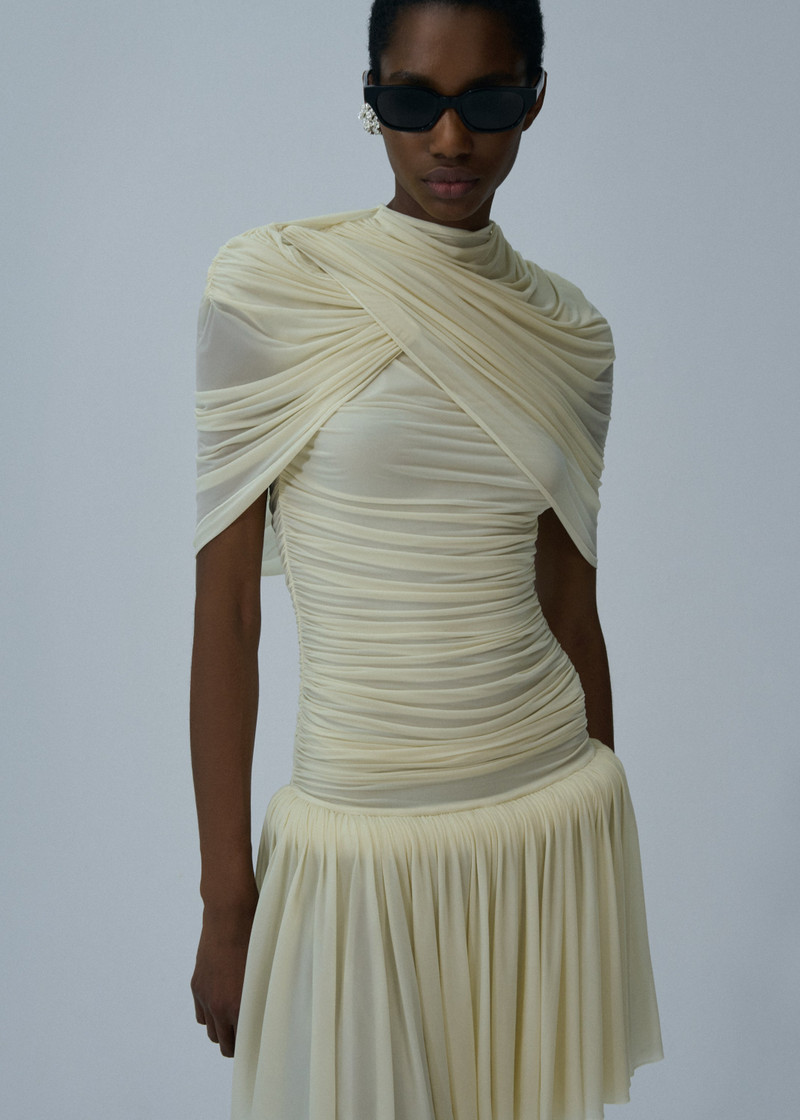 MAGDA BUTRYM Drop-waist wrap mini dress in beige outlook