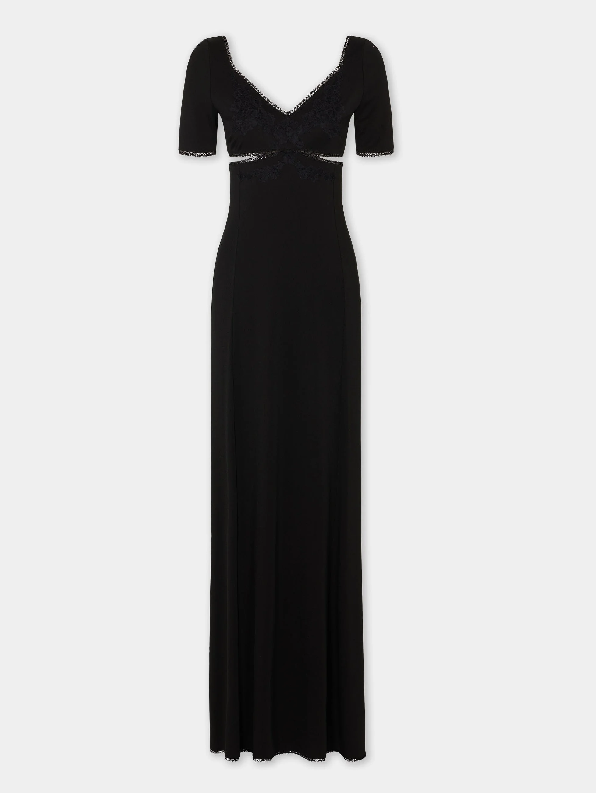 LONG BLACK LINGERIE DRESS WITH EMBROIDERED FLORAL DETAILS - 1