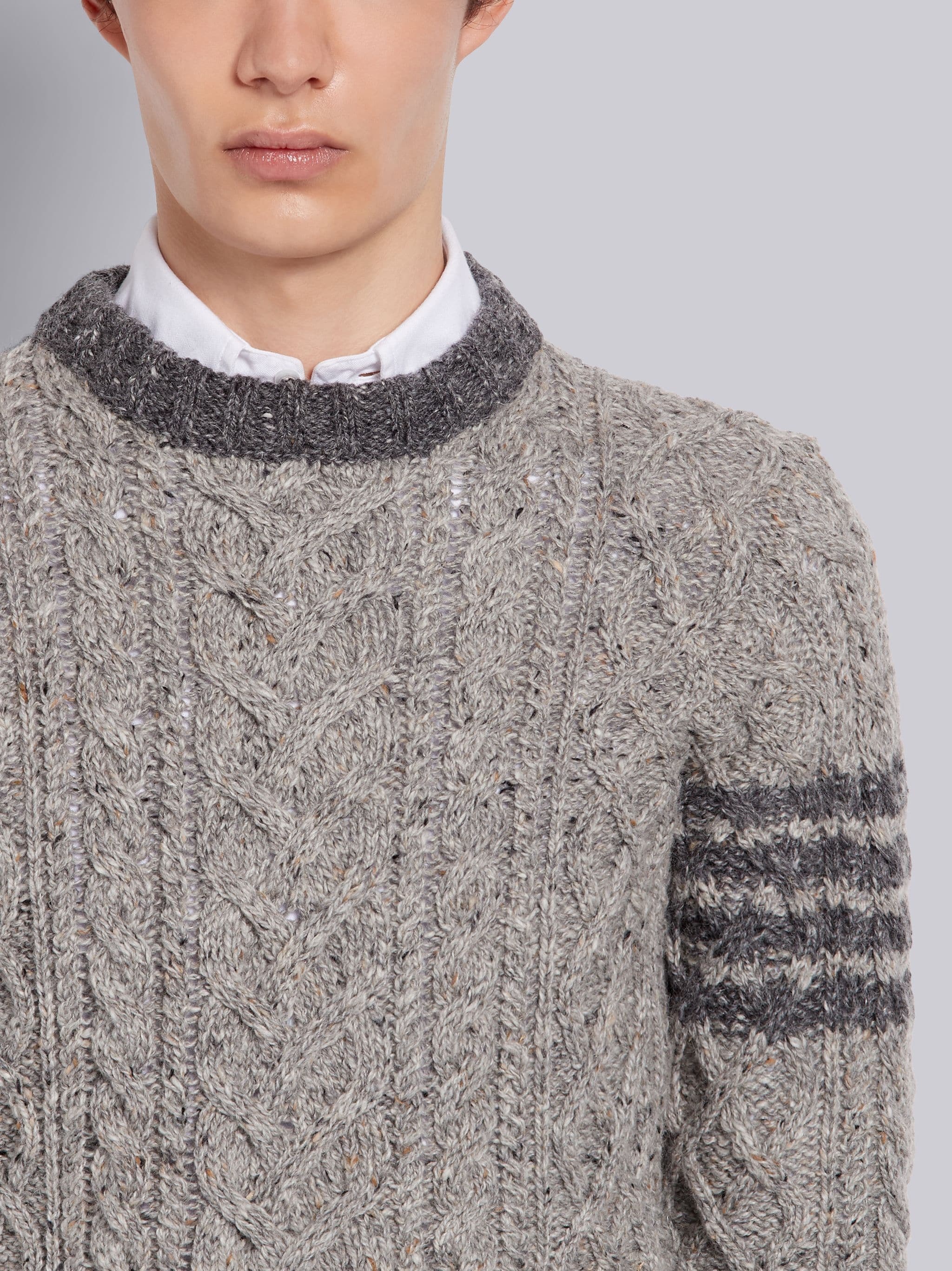 Tonal Grey Wool Mohair Tweed Fun-Mix Aran Cable Crewneck 4-Bar Pullover - 5