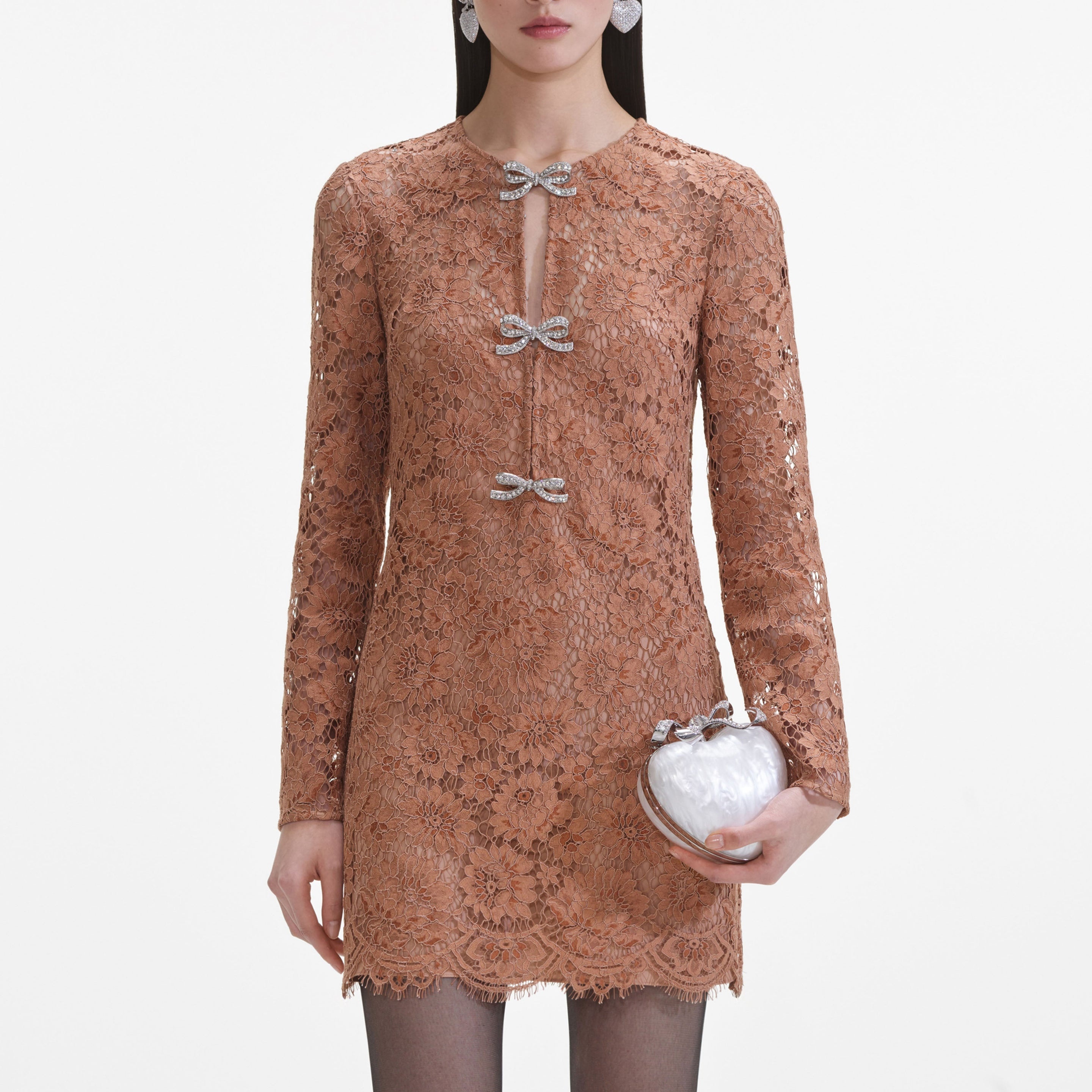 Tan Lace Bow Mini Dress - 4