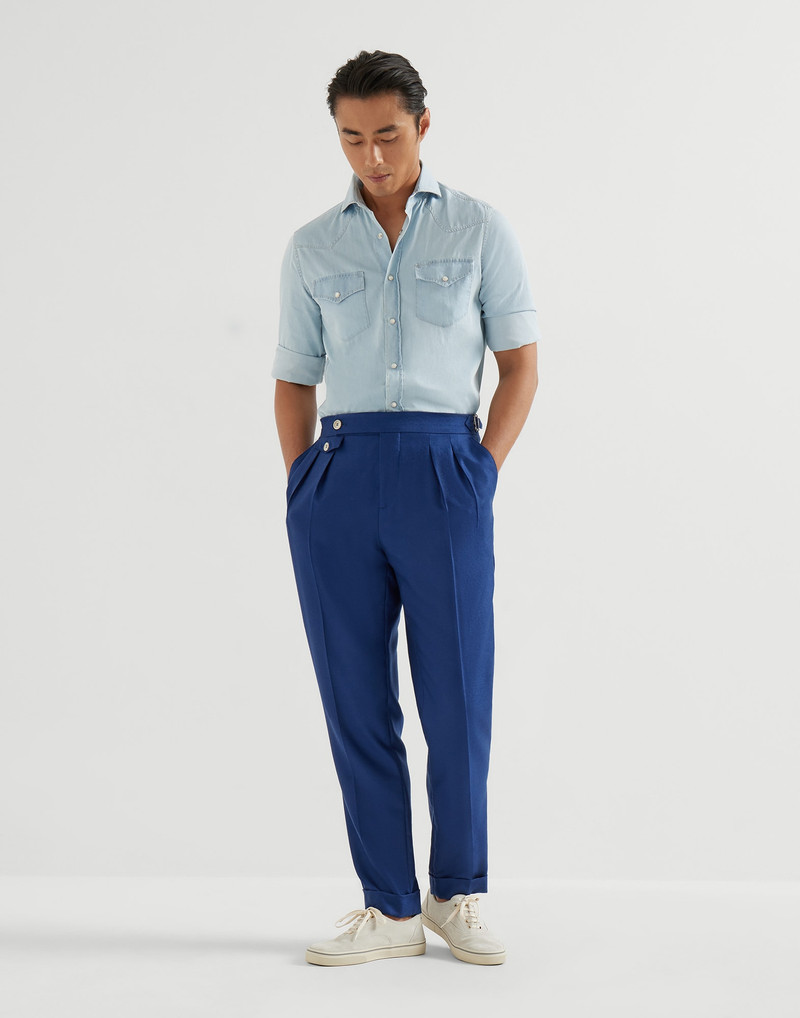 Cashmere and silk diagonal trousers with double pleats and waist tabs 5