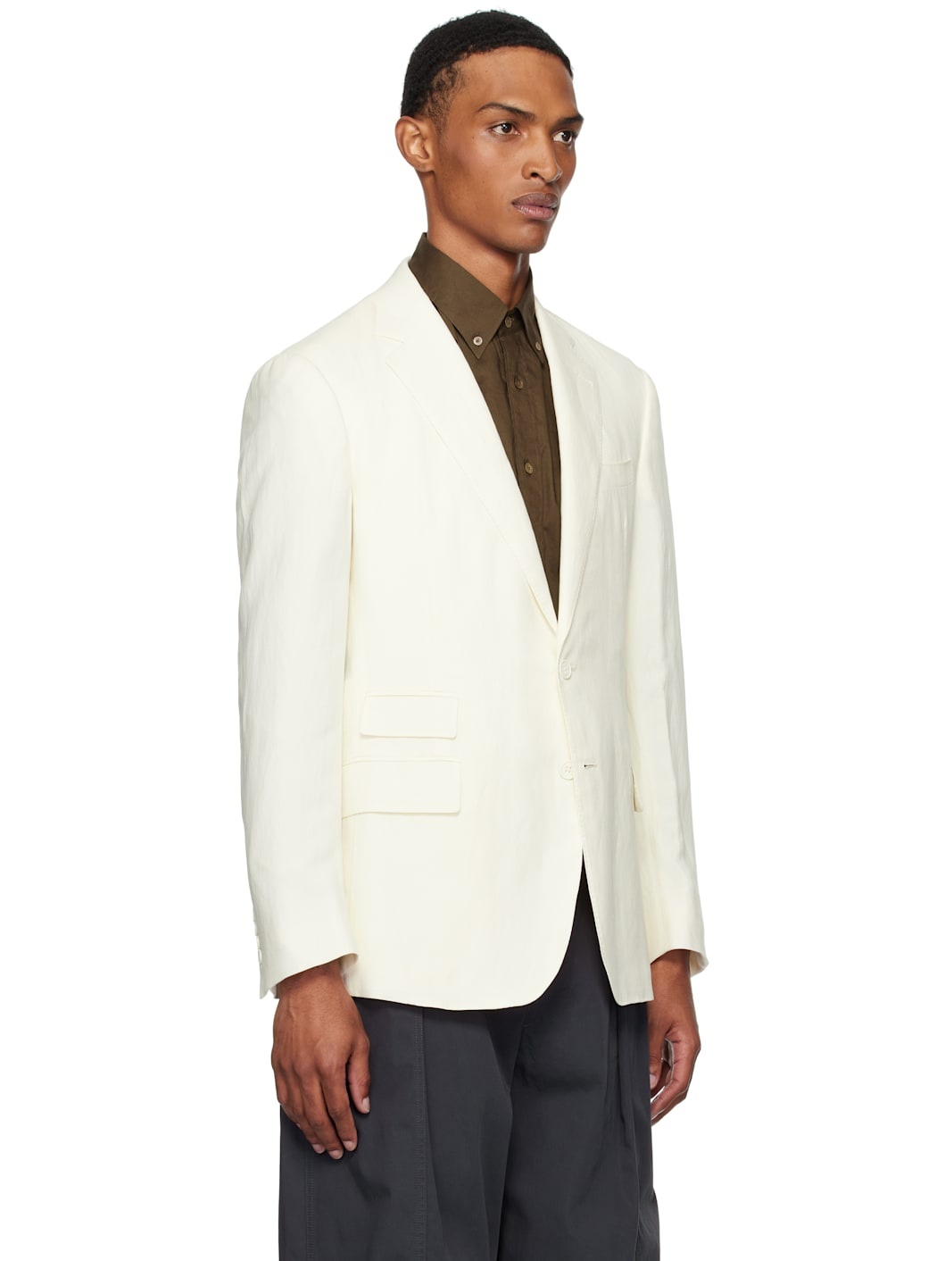 Off-White Silk Linen Single-Breasted Blazer - 2