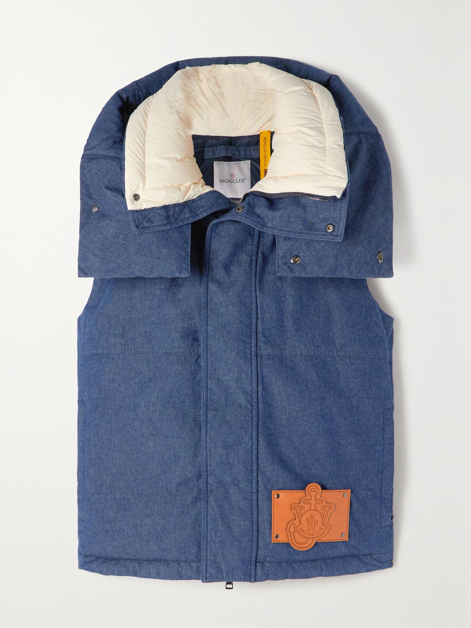 + JW Anderson Dalby hooded faux leather-trimmed denim down vest Blue - 1