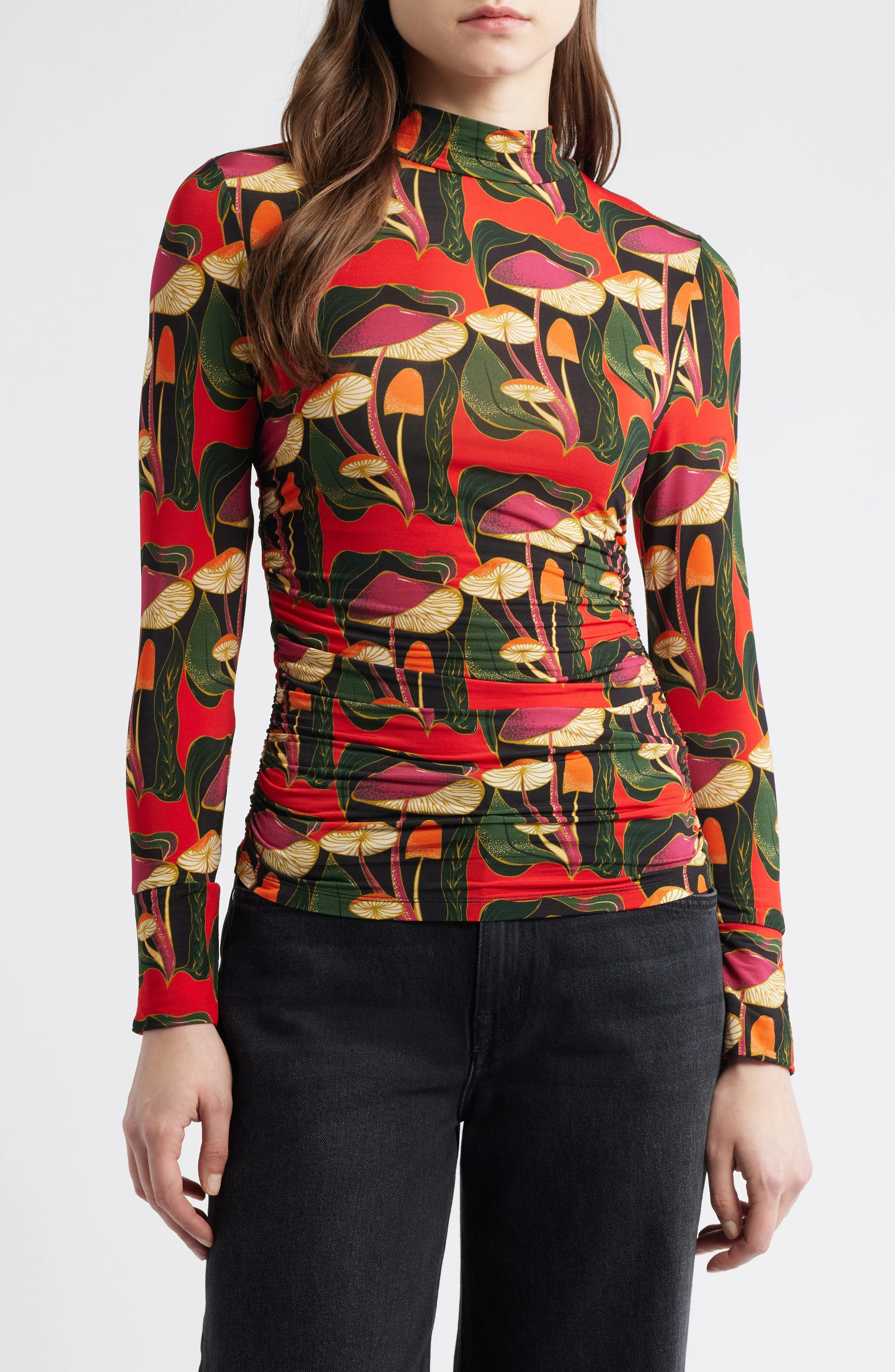 FARM Rio Wild Mushrooms Long Sleeve Mock Neck Jersey Top in Black at Nordstrom - 1