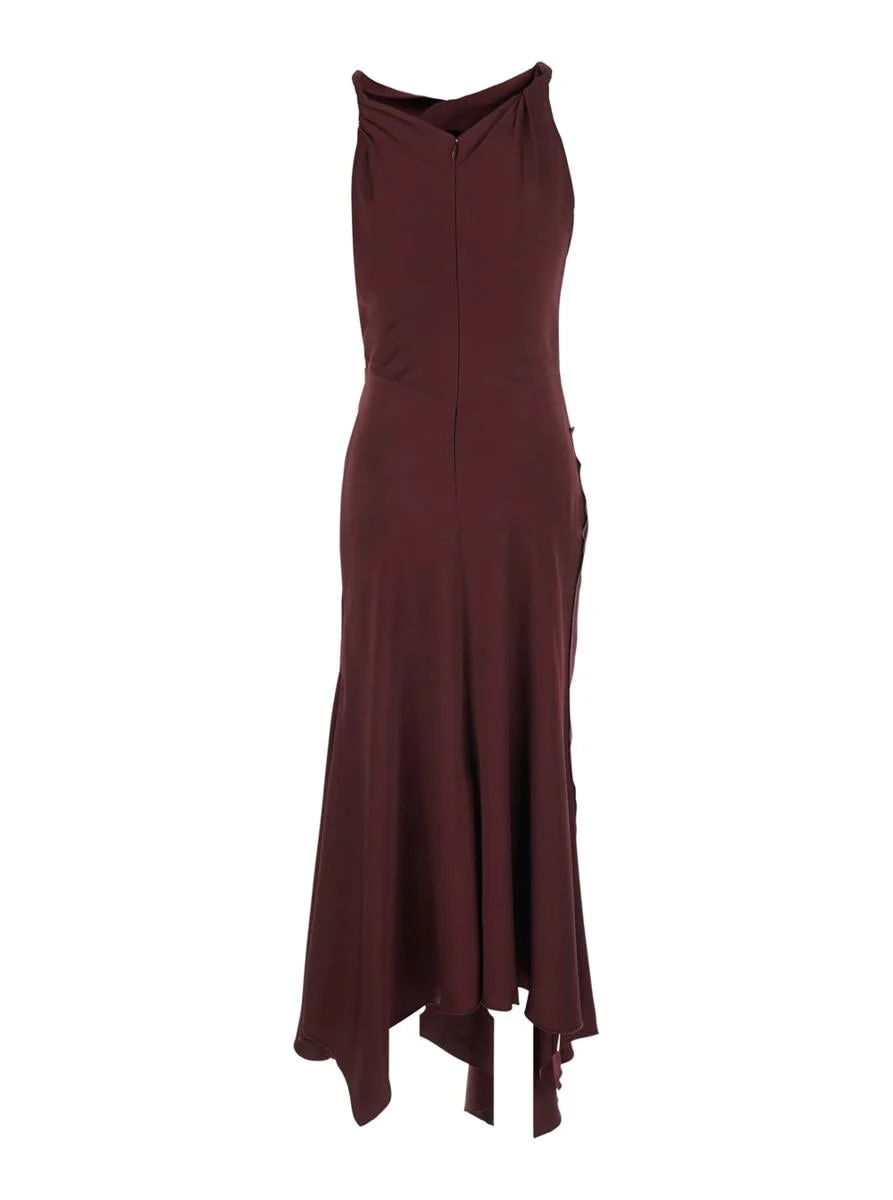Victoria Beckham Bordeaux Midi Dress With Draped Neckline And Asymmetric Hem In Viscose Blend Woman - 1