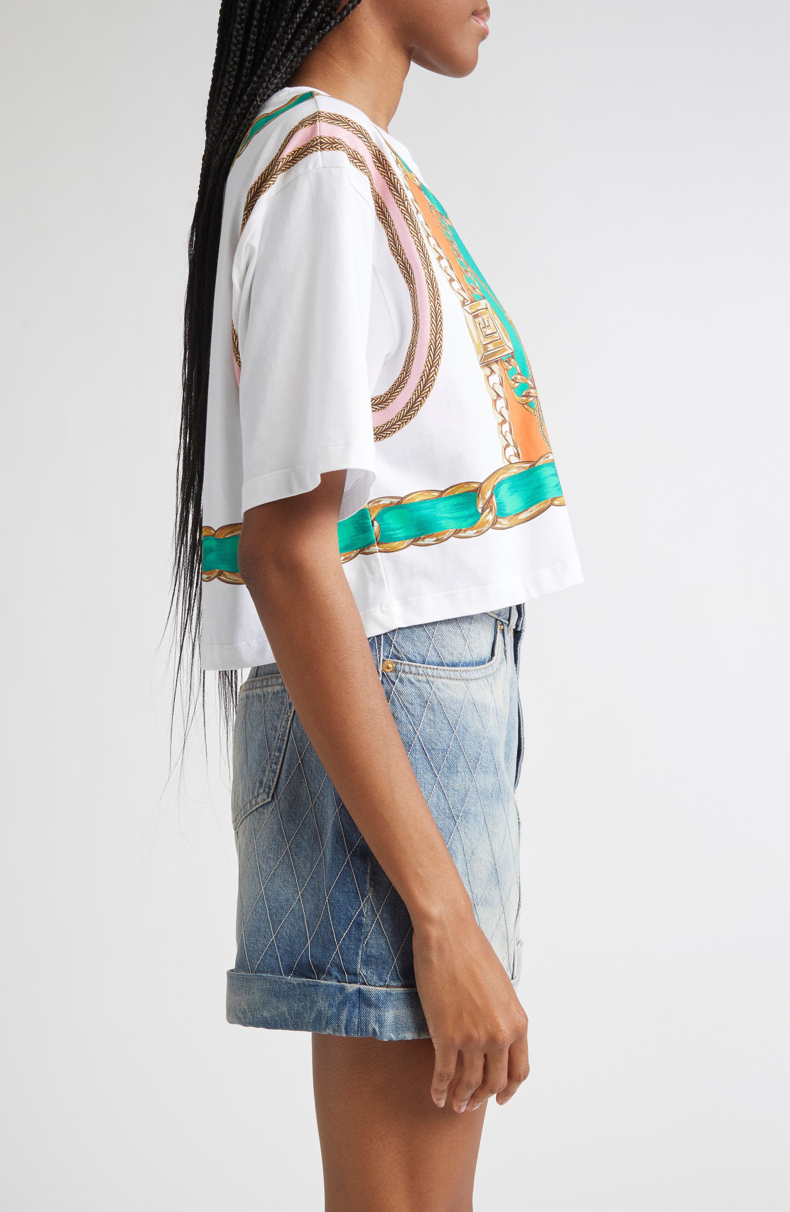 Balmain Foulard Print Crop T-Shirt in Gsr White Multi at Nordstrom - 4