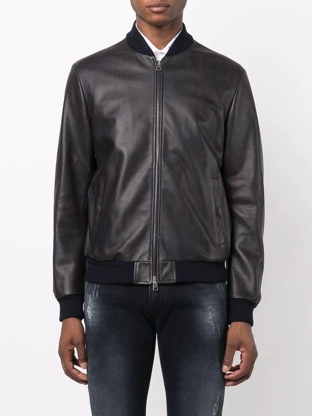 zipped leather bomber jacket - 3