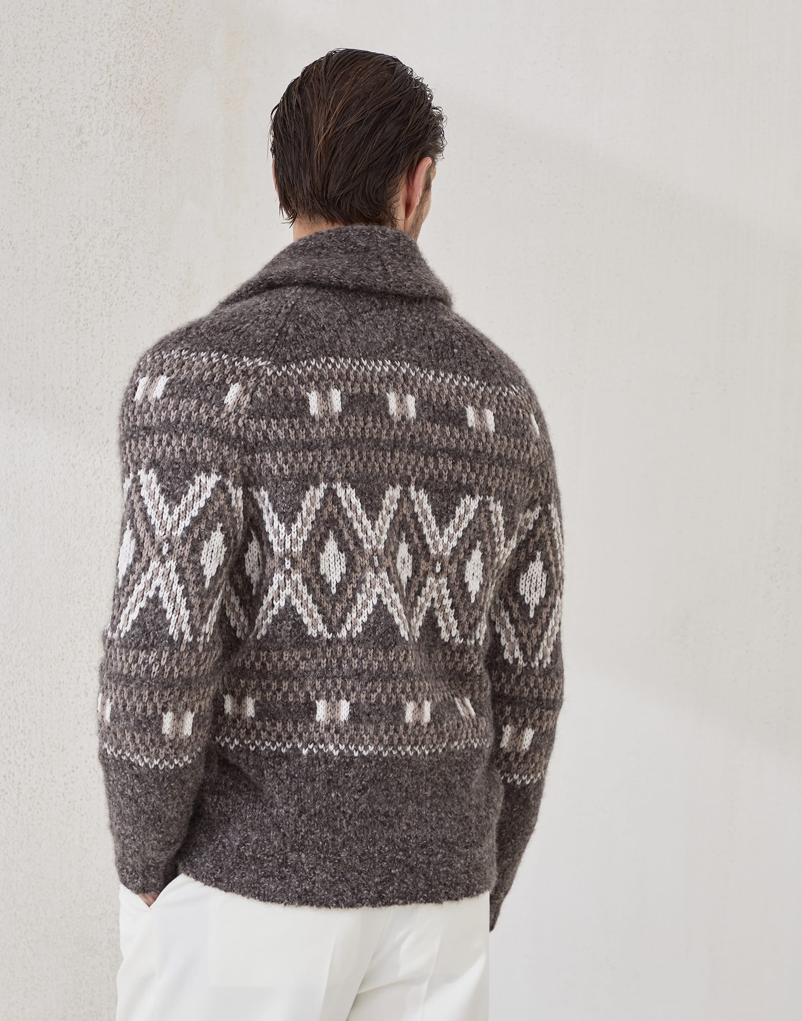 Alpaca, virgin wool and cashmere geometric jacquard cardigan with metal buttons - 2