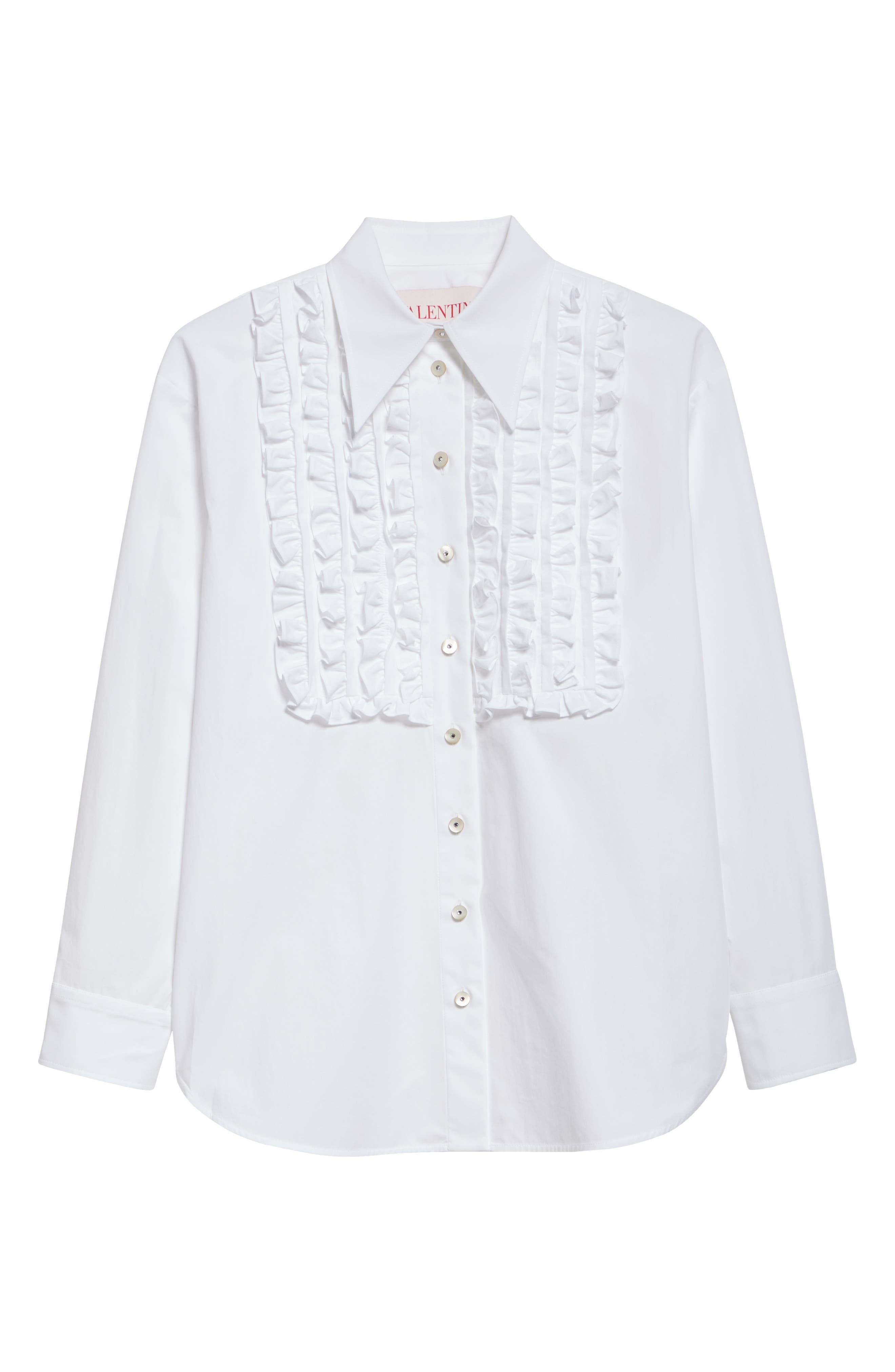 Valentino Garavani Ruffle Bib Cotton Poplin Button-Up Shirt in White at Nordstrom - 6