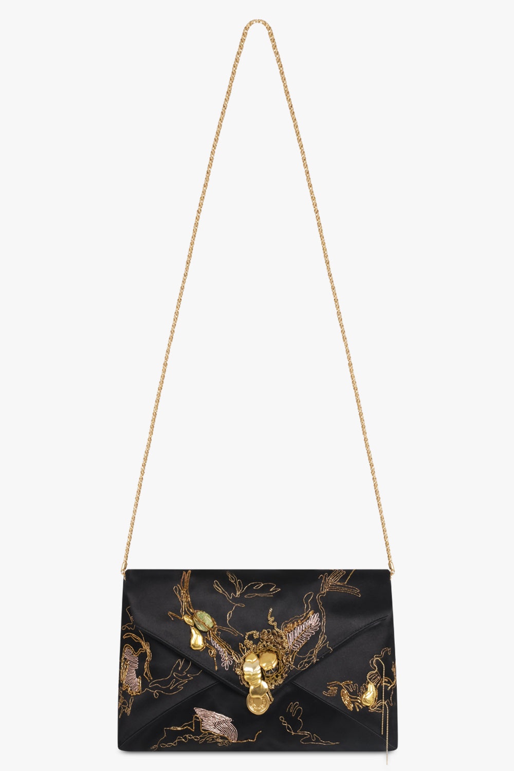ENVELOPE EMBROIDERED CLUTCH ON CHAIN | BLACK/GOLD - 1