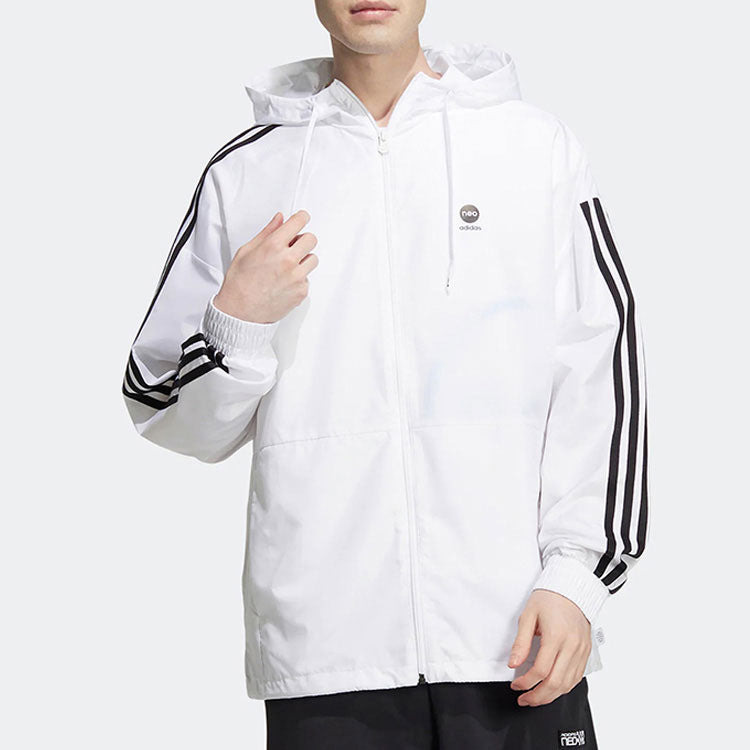 Men's adidas neo Stripe Logo Zipper Hooded Jacket White HN8788 - 2